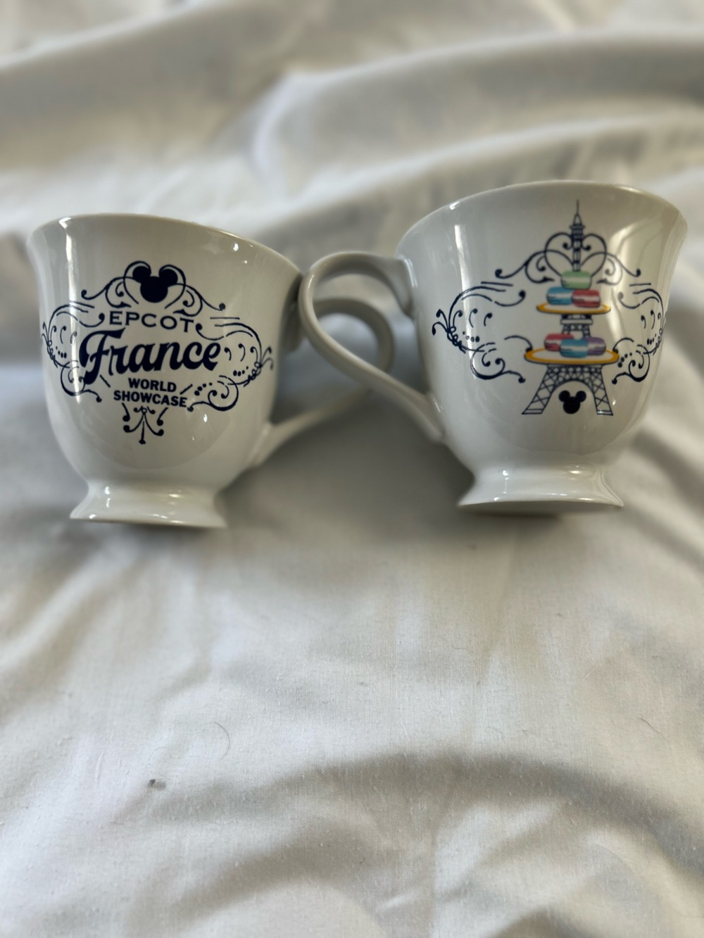 2 Disney Epcot France White Ceramic Mug with Eiffel Tower and Colorful Macarons